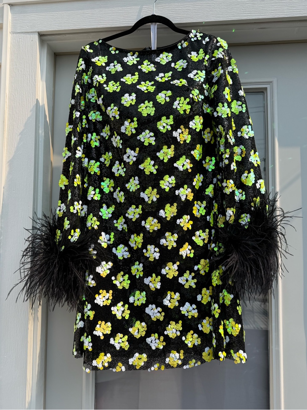 Jovani Black Sequin Mini Dress with Lime & White Floral Motifs